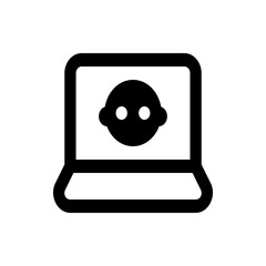Black outline of a laptop displaying a stylized face with two white eyes on the screen icon art