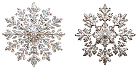 Two detailed silver snowflakes against a black background for christmas or winter designs