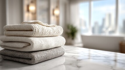 Stack of folded towels on marble surface in bright bathroom interior.