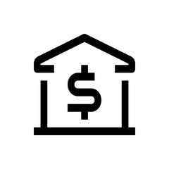Illustration of a bank building with a dollar sign in the center in black and white minimalist style design