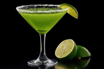 A vibrant green margarita with salt rim and lime garnish, showcasing a refreshing cocktail against a sleek black backdrop for a modern, sophisticated feel.