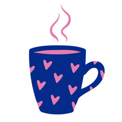 blue mug, pink heart pattern, hot beverage, steaming, whimsical, cozy, warm, illustrated, vector art
