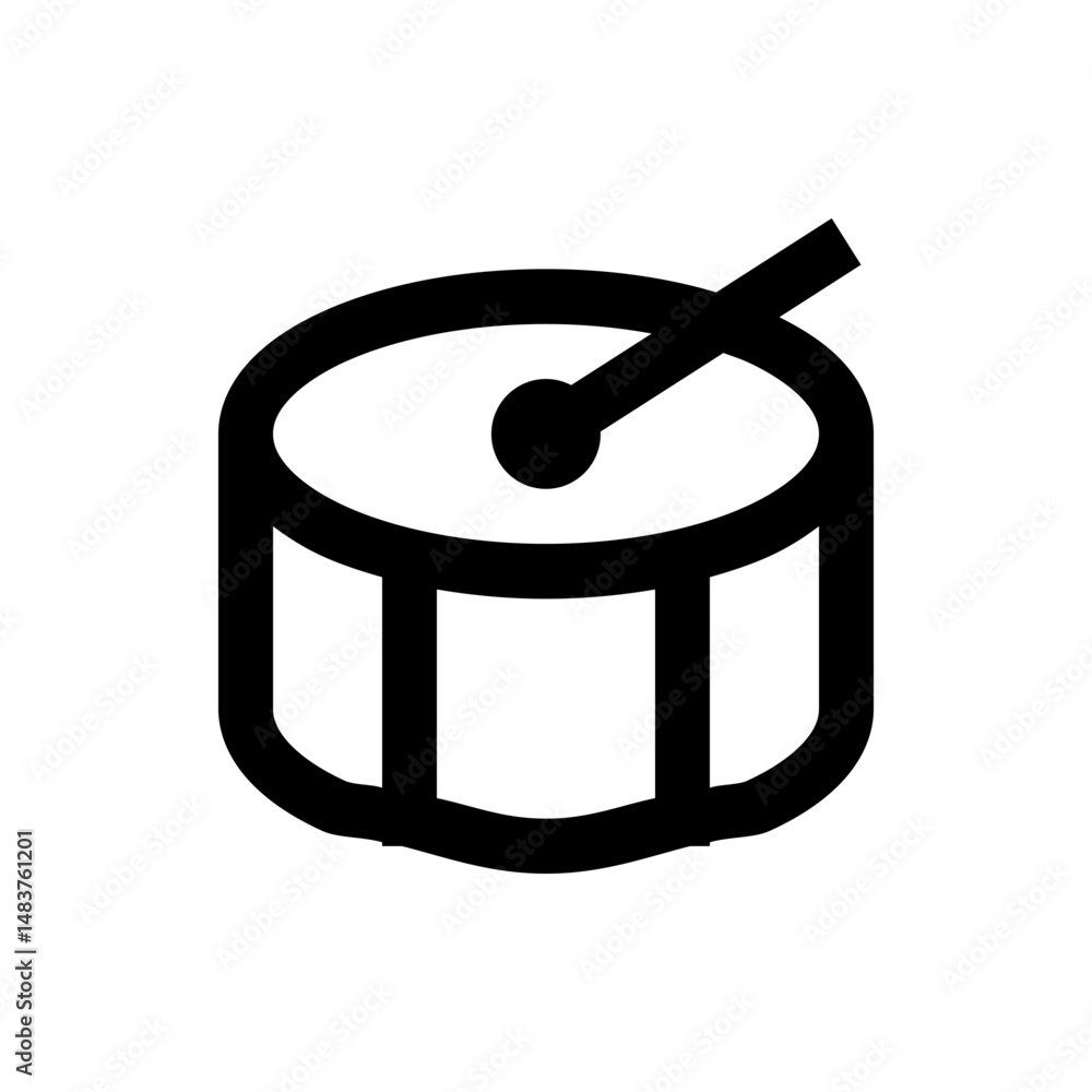 Poster illustration of a drum with a drumstick resting on it in black and white simple vector graphics