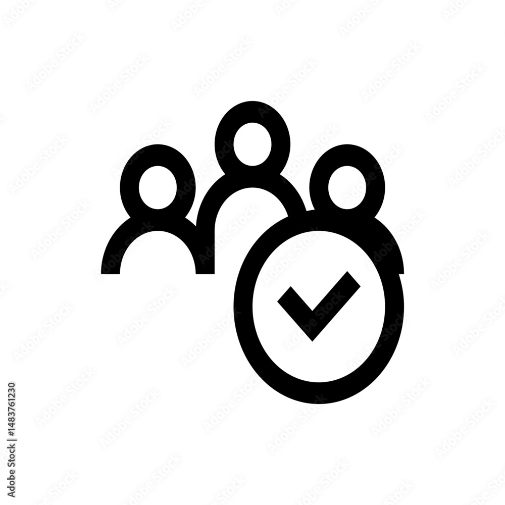Poster three stylized people icons with a clock icon containing a check mark in a simple black and white de