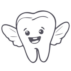 tooth, cartoon, cute, happy, smiling, friendly, whimsical, playful, illustrated, line art, black and white
