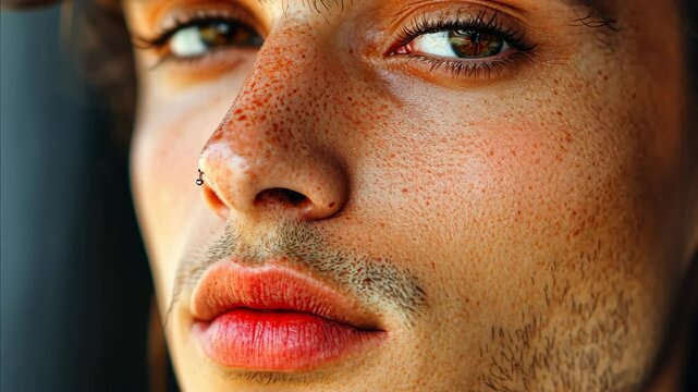 A man with a beard and a nose piercing is looking at the camera. He has a red lip and a green eye