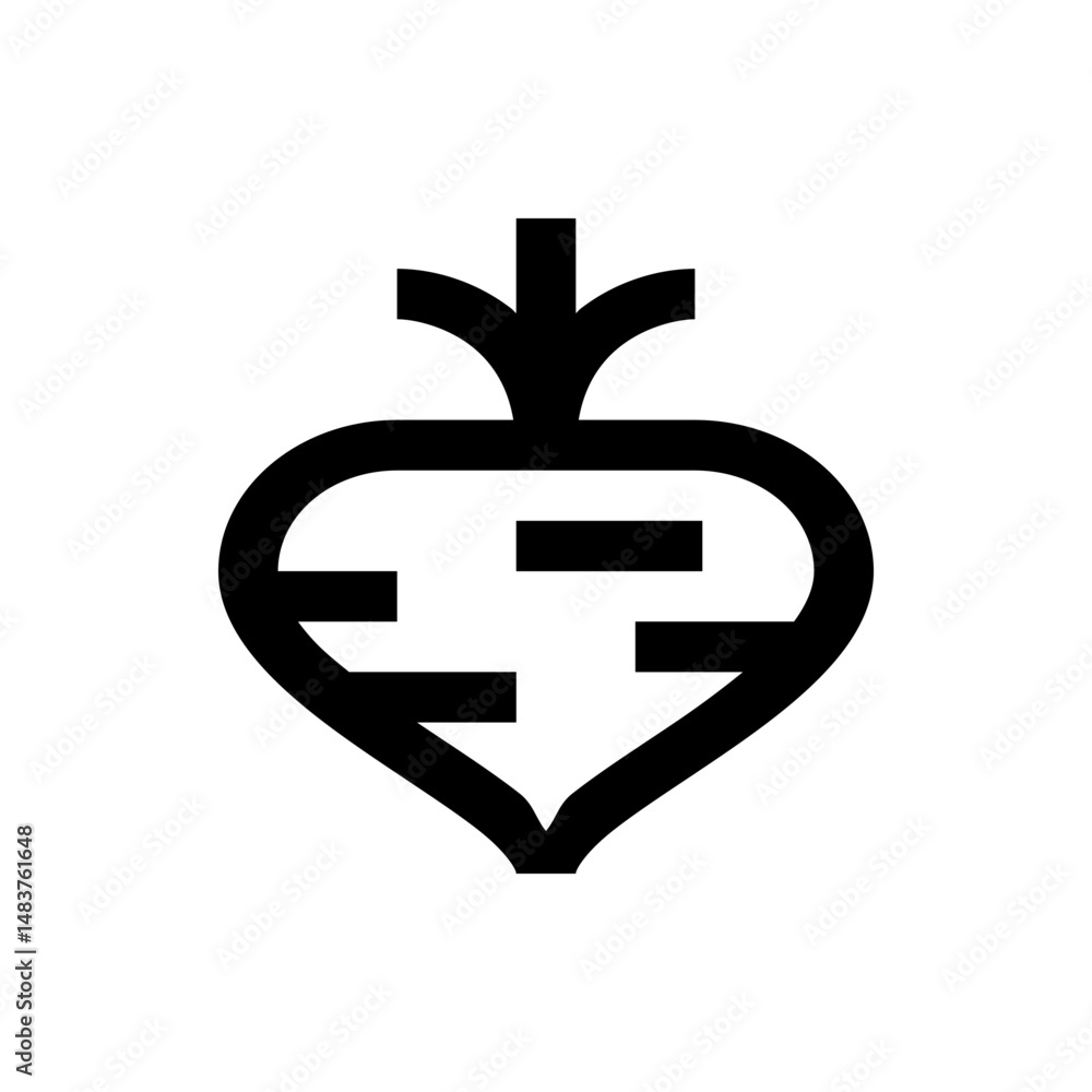 Poster illustration of a black turnip with horizontal lines inside and three leaf stems on top in a simple 