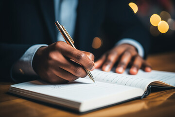 Close up of a hand engaged in writing on important papers signifying documentation legal processes or the formalization of business agreements