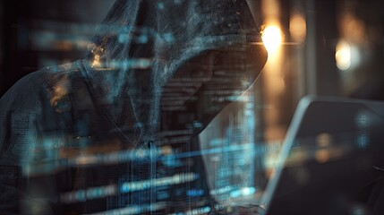 A hacker in a hoodie coding on a transparent laptop with futuristic interface reflections, photorealistic digital art, cinematic lighting