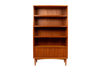 Elegant midcentury modern teak bookcase with adjustable shelves and cabinet, showcasing danish design and craftsmanship