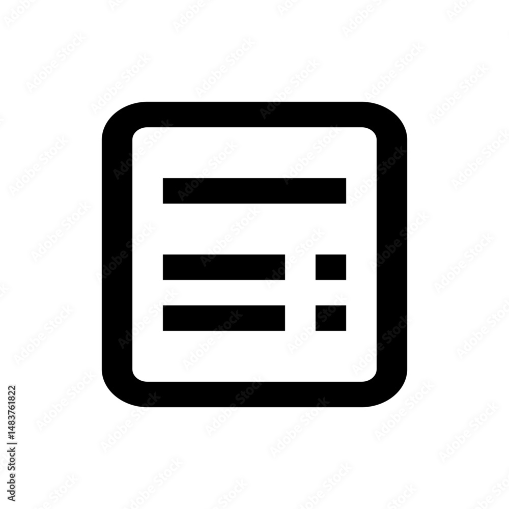 Poster black outlined document icon with rounded corners and horizontal lines and square bullet points insi