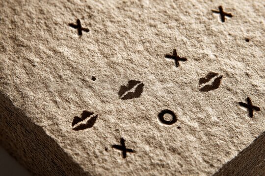 A close-up shot of a brown paper texture with embossed love symbols and lettering, creating a tactile and visually intriguing abstract design with natural fibers.