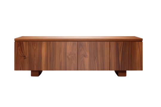 Modern walnut wood sideboard with four doors on a transparent background vector, showcasing minimalist design and natural wood grain for contemporary interiors