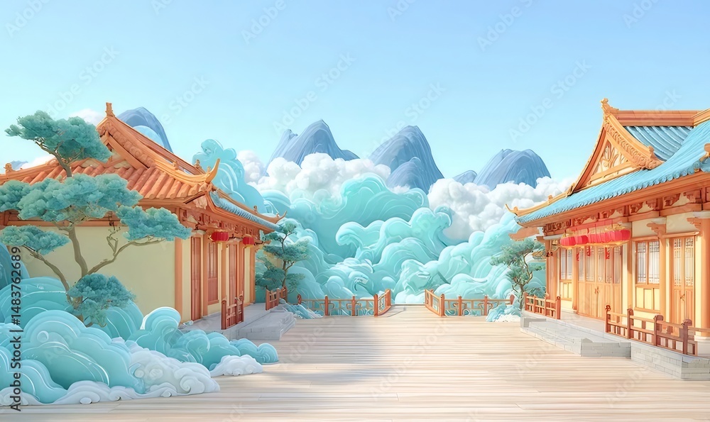 Poster 晴れた日の中国の伝統的な建築物と山々の鮮やかな風景 美しい伝統的な屋根 穏やかな雰囲気 青い空に白い雲と遠くの山々
