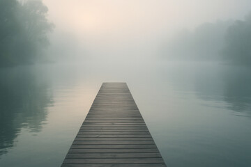 A duck waddling on a dock extending into a tranquil lake.