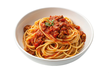Pasta spaghetti bolognese on transparent bowl, top view. Isolated on a transparent background - generated by ai