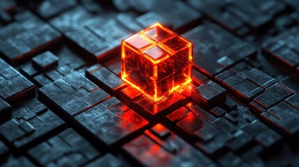 Glowing cube on a dark circuit board