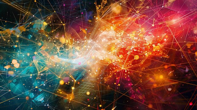 Abstract digital network. A vibrant, chaotic blend of interconnected lines and glowing particles in a dynamic display of data flow and connection