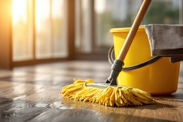 A close-up shot of a mop cleaning a wooden floor with a yellow bucket and a cleaning cloth in the bright sunlight, creating a clean and tidy environment.