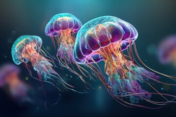 Three illuminated jellyfish gracefully floating in the deep ocean, showcasing their mesmerizing colors and ethereal beauty against a dark blue background.