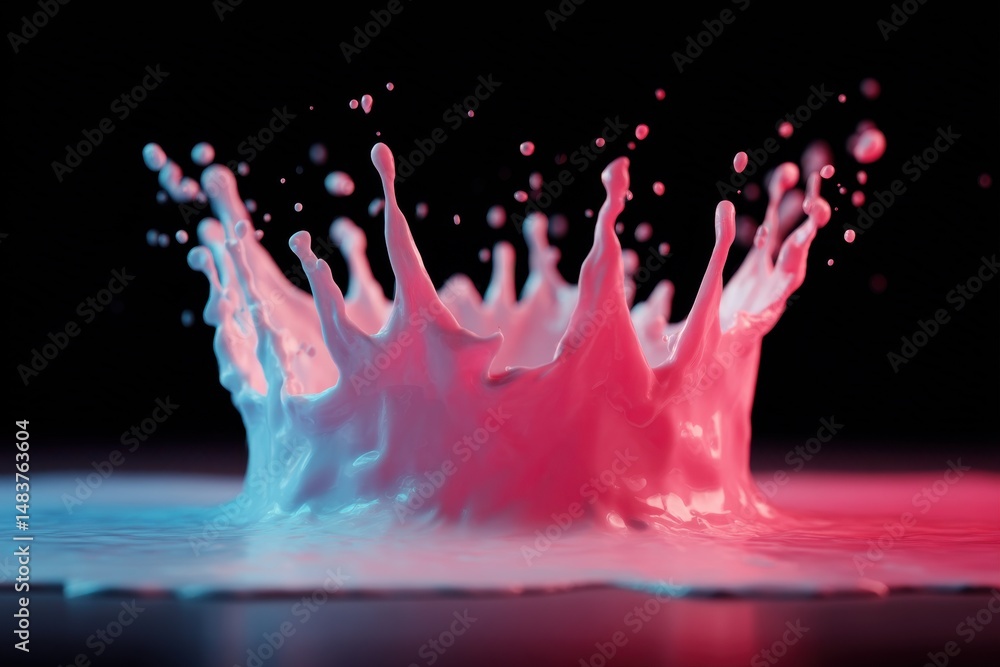 Poster dynamic and vibrant splash of colorful liquid, creating a captivating crown shape against a dark bac