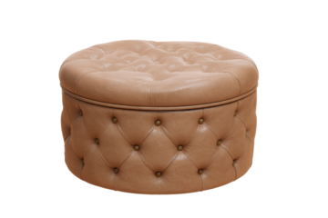 Elegant round beige leather ottoman with tufted design and brass nailhead trim on a transparent background vector Concept of luxury furniture, interior design, and home decor