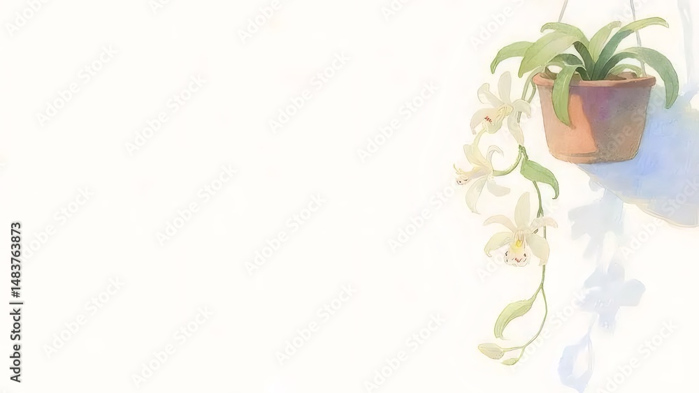 Aufkleber 白い壁に掛かる鉢植えの植物と水彩画のイラストレーション 光の当たる白い蘭と緑の葉の装飾