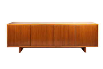 Teak wood sideboard with four doors, vintage midcentury modern furniture on a transparent background vector Concept of interior design, retro style, and home decor
