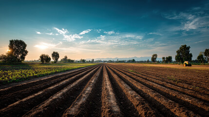 Vast agricultural landscape with freshly plowed fields during sunset in a rural setting