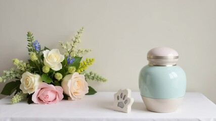 Pet urn with flowers, for remembrance, sympathy, grief, loss