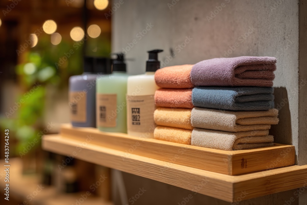 Poster a neatly arranged shelf with colorful towels and stylish toiletries, creating a spa-like ambiance wi