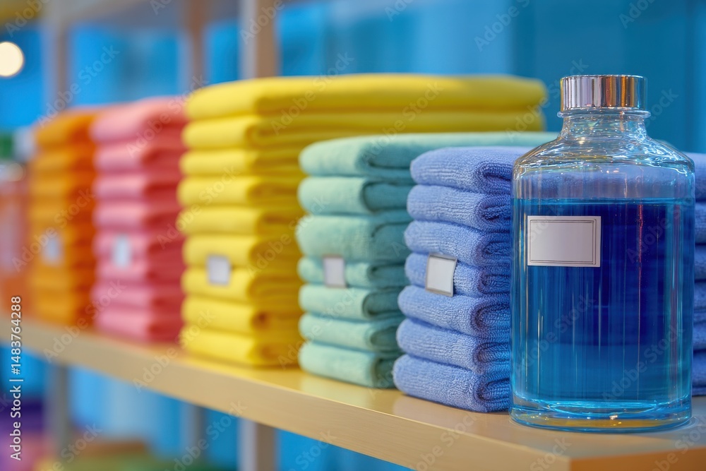 Poster a vibrant display of neatly stacked towels in different colors and a bottle with blue liquid sits on