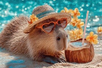 Cute capybara relaxing on a tropical beach with a coconut drink and sunglasses