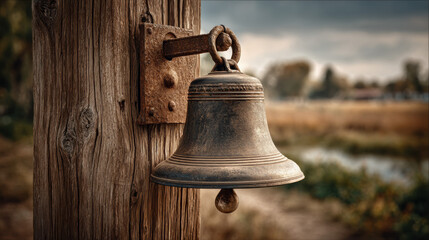 Obraz premium Vintage bell hangs on a rustic wooden post near a serene landscape during late afternoon