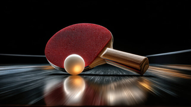 Dynamic table tennis paddle and ball captured in action with a reflective surface - Powered by Adobe