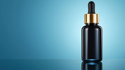 Naklejka premium Elegant Black Dropper Bottle on Reflective Surface against Calming Blue Gradient Background