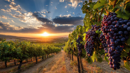 Vineyard landscape at sunset with ripe grapes and beautiful sky in the background