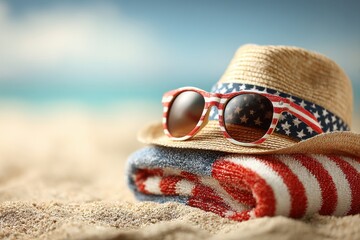 Summer beach vacation scene with American flag themed accessories, including straw hat, sunglasses and towel on a sandy background, with blue sky and sea.