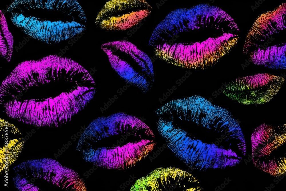 Aufkleber a vibrant and colorful pattern of lipstick kisses on a black background creates a playful and modern