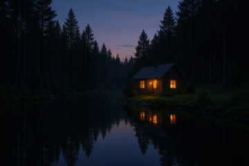 Obraz premium Glowing cabin nestled in dark woods at night.
