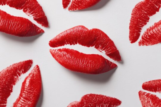 An artistic arrangement of vibrant red lipstick imprints, playfully scattered across a pristine white background, creating a bold and flirtatious pattern.