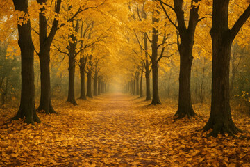 Fototapeta premium Yellow leaves covering forest path.