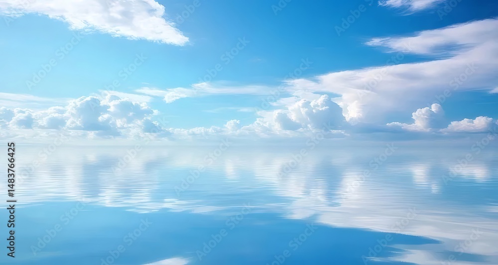 Aufkleber 晴れた日に水面に反射する白い雲と青い空の穏やかな風景 美しい反射と明るい照明が特徴の平和な大気の背景