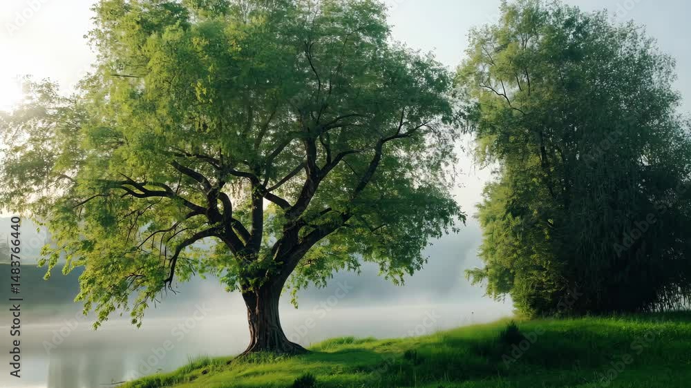 Poster a large tree stands in front of a body of water. the tree is surrounded by grass and there is fog in