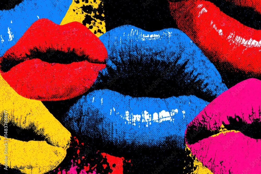 Poster a vibrant and colorful pop art illustration featuring an array of lips in various bright hues, creat