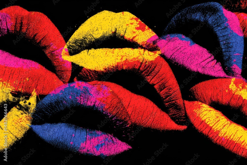 Poster abstract and vibrant pattern of colorful lips creating a captivating design, with bold colors and da
