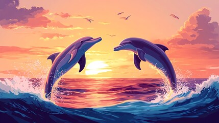 Sunset Dolphins Ocean Illustration
