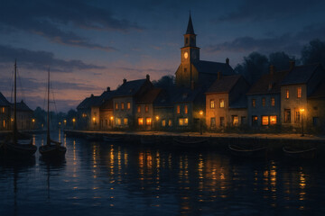 Town beside water in painting