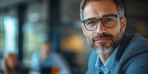 Concerned handsome businessman wearing eyeglasses on a business meeting in the office