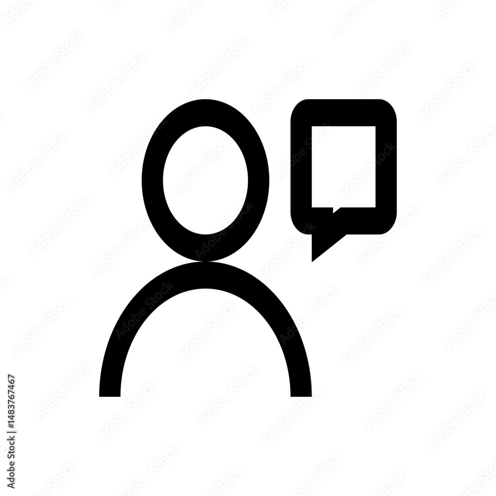 Poster person icon with speech bubble showing communication and interaction in a simple line drawing style 